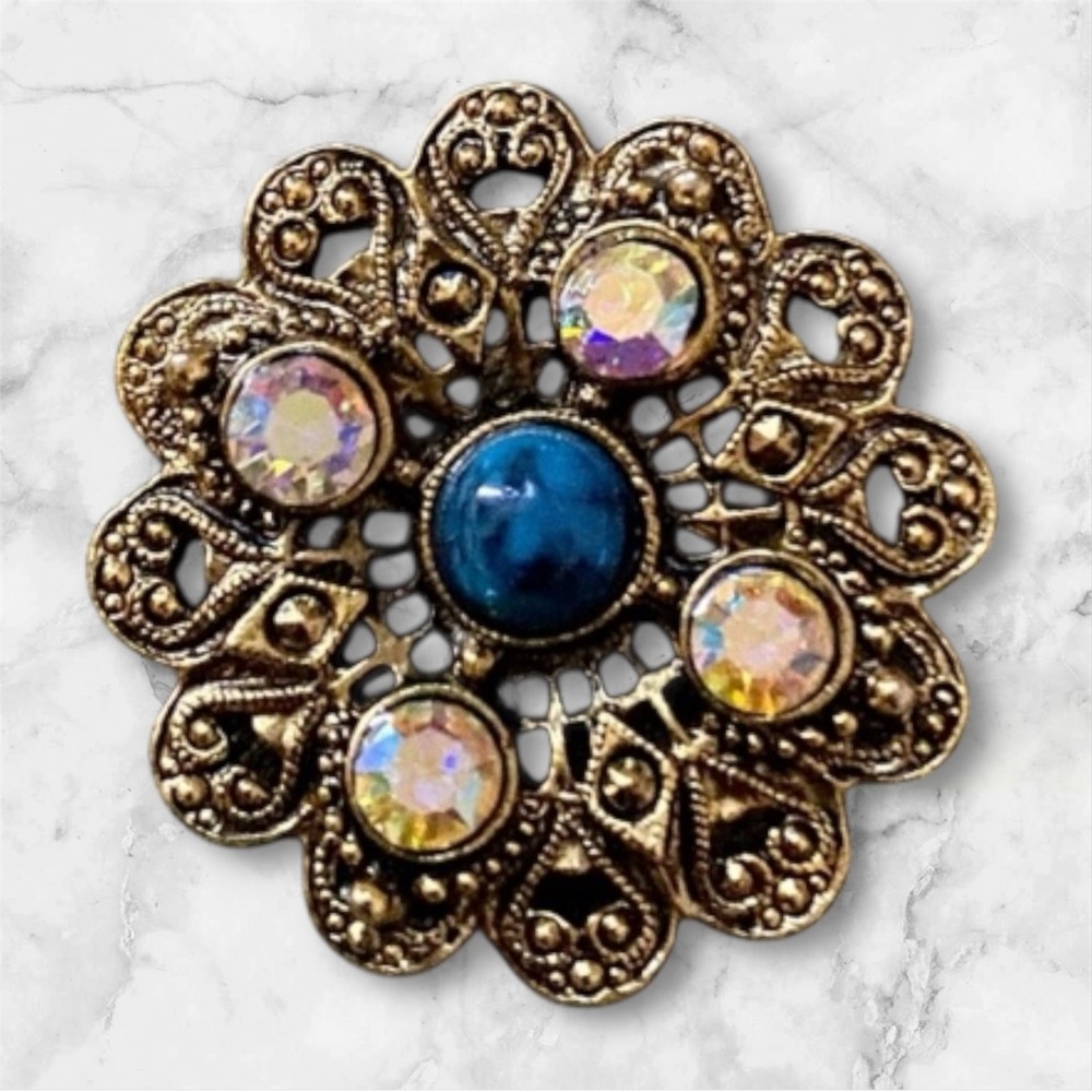 Aurora Borealis Glass Brooch, 1928 Jewelry Faux Turquoise, Vintage
